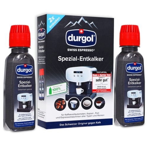 Odkamieniacz Durgol Swiss Espresso (2x125ml). Specjalistyczny płyn do odkamieniania ekspresów Tchibo Cafissimo i innych.