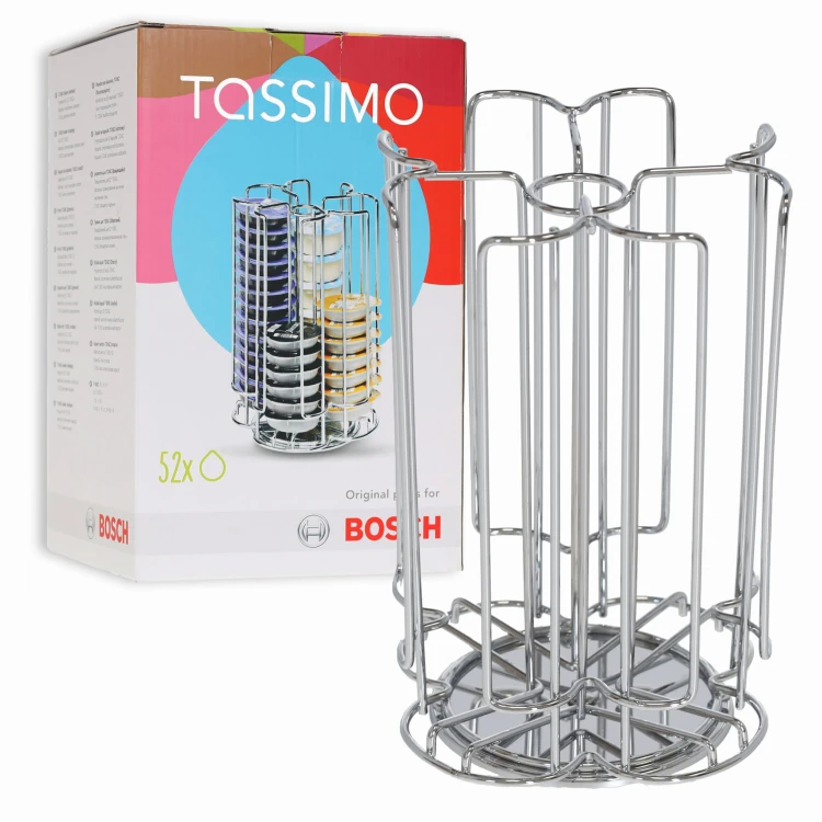 Metalowy stojak na kapsułki Bosch Tassimo (52 sztuki). Obrotowy dyspenser na kapsułki T-Disc chromowany.