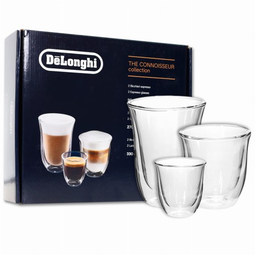 Zestaw 6 szklanek termicznych DeLonghi (Espresso, Cappuccino, Latte). Komplet prezentowy szklanek z podwójnym dnem.