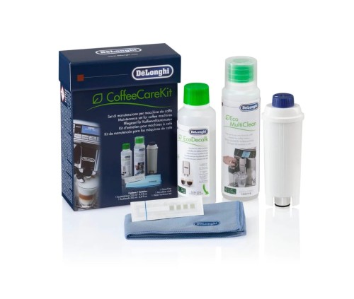 Zestaw do konserwacji ekspresu DeLonghi DLSC306. Kompletny zestaw: odkamieniacz, filtr, tester twardości wody, ściereczka.