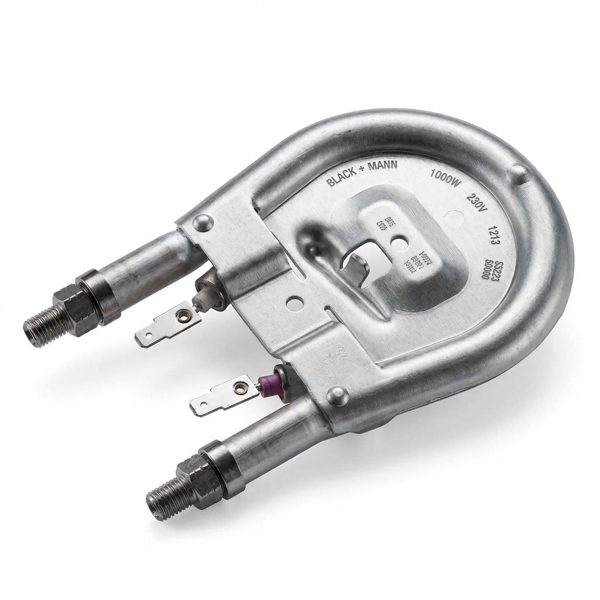 Metalowy element w kształcie litery U (podkowy) z przyłączami elektrycznymi i hydraulicznymi na końcach.