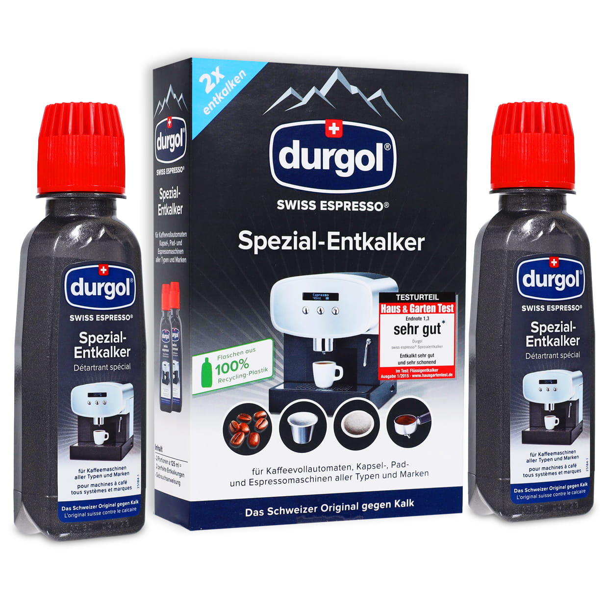 Pudełko zawierające dwie małe, białe buteleczki o unikalnym kształcie. Produkt szwajcarski (flaga na opakowaniu).