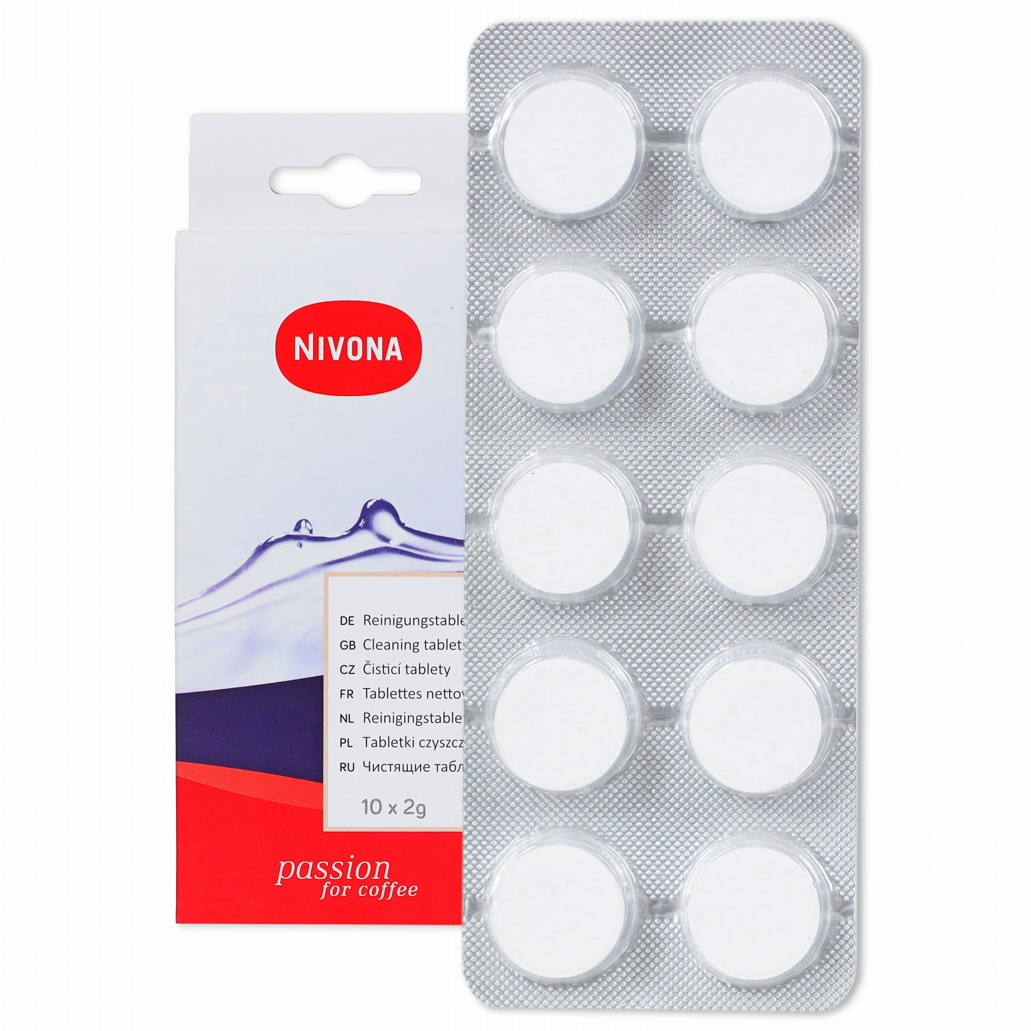 Blister z dziesięcioma okrągłymi tabletkami w pudełku z logo Nivona.