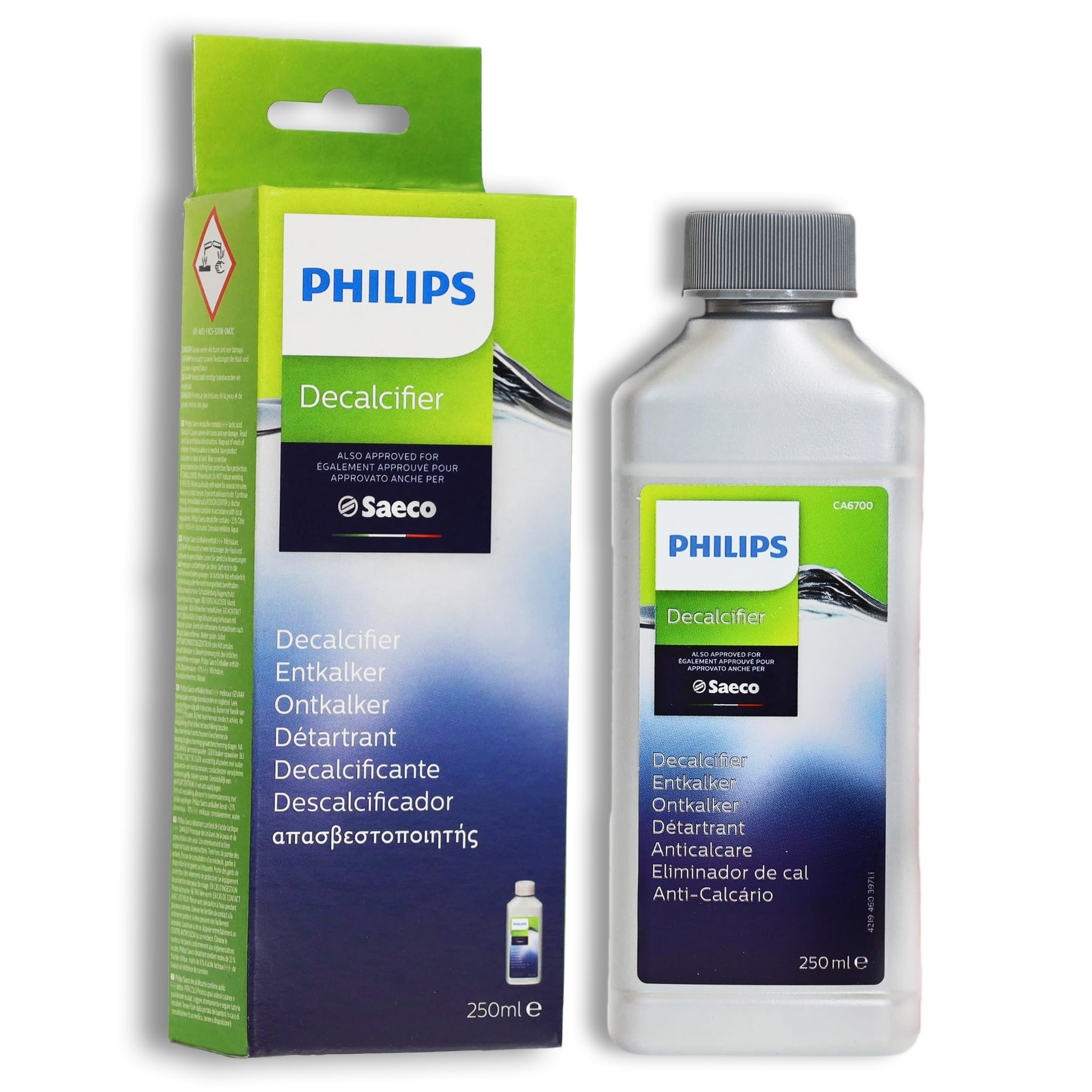 Widok frontowy białej plastikowej butelki o pojemności 250ml z błękitną etykietą i nakrętką. Na opakowaniu widoczne logotypy Philips i Saeco.