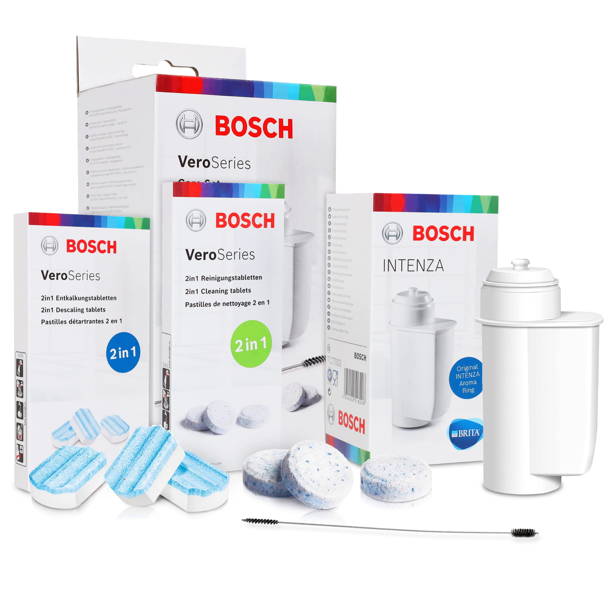 Pudełko typu "Service Kit" zawierające filtr Intenza, tabletki czyszczące, odkamieniacz i specjalną szczoteczkę do rurek.