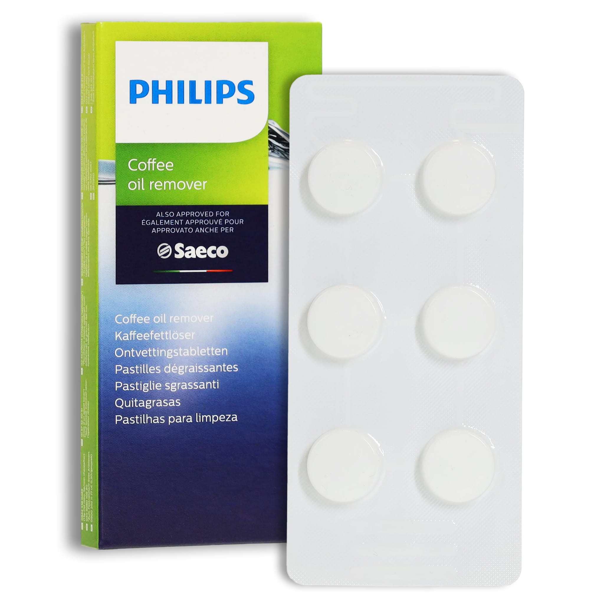 Zielono-niebieskie kartonowe pudełko z logo Philips. Obok opakowania leży srebrny blister zawierający sześć okrągłych, białych tabletek czyszczących.