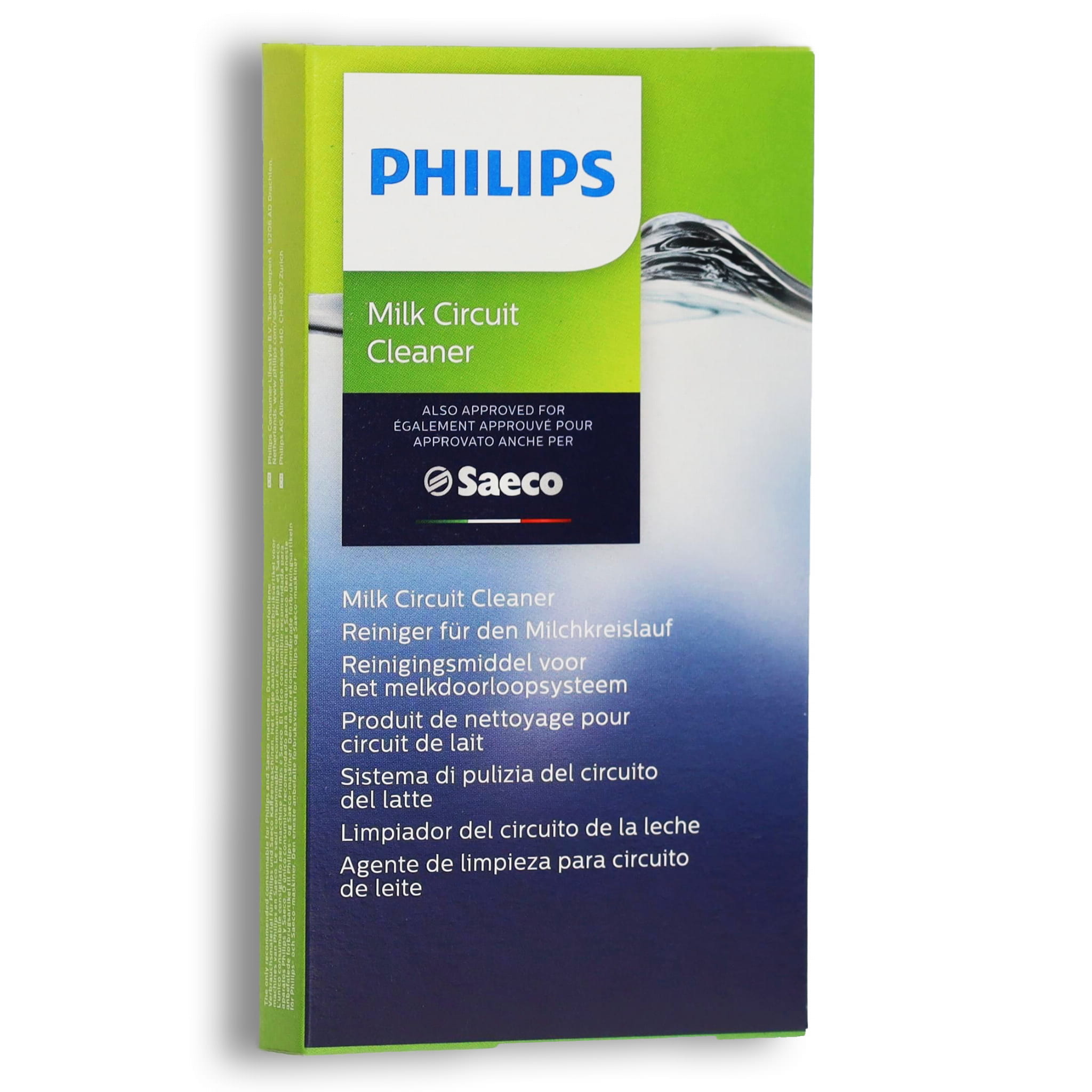 Pudełko w kolorystyce zielono-niebieskiej. . Wyraźny napis „Milk Circuit Cleaner”.