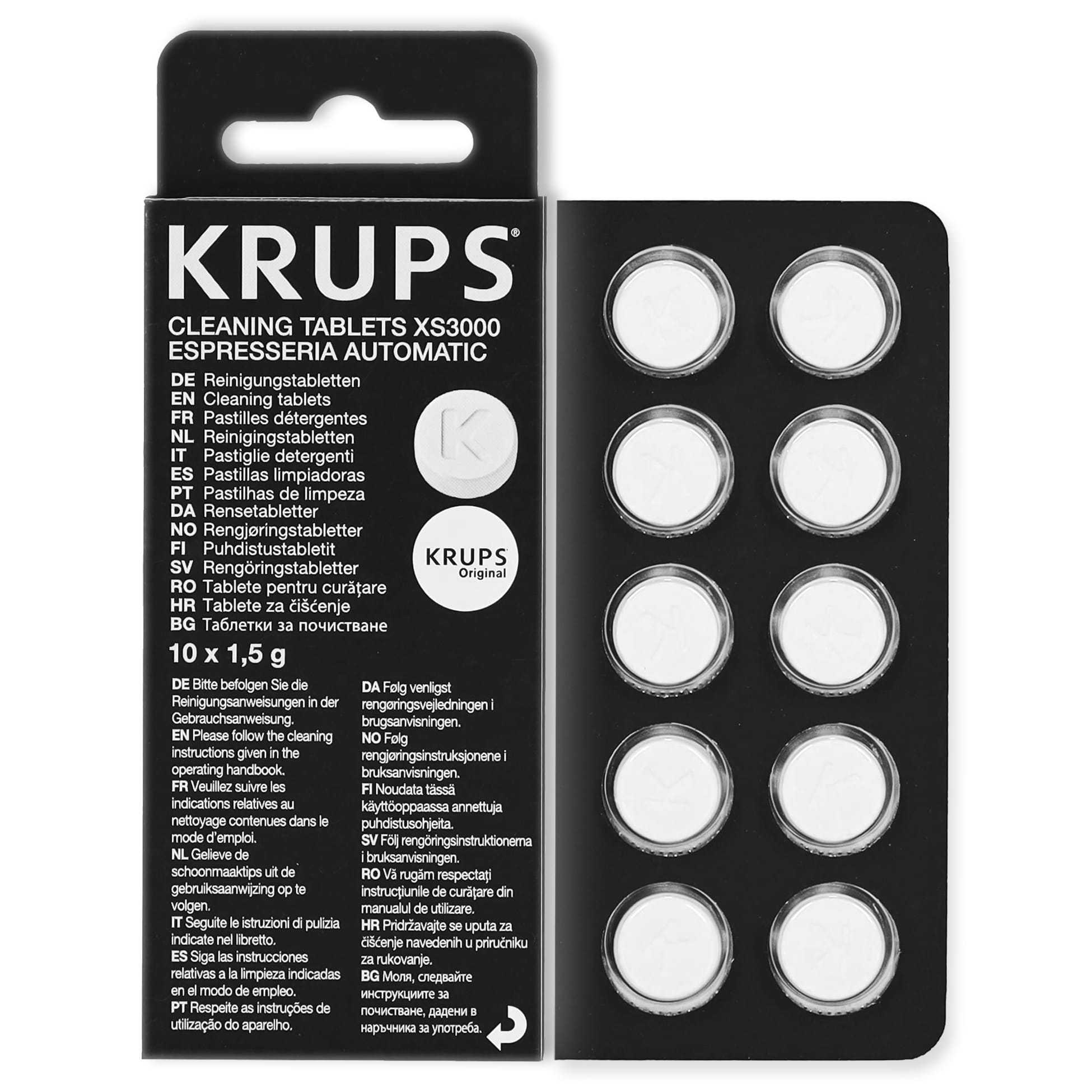 Blister zawierający 10 małych, białych tabletek. Opakowanie kartonowe w kolorze szaro-czarnym z logo Krups.