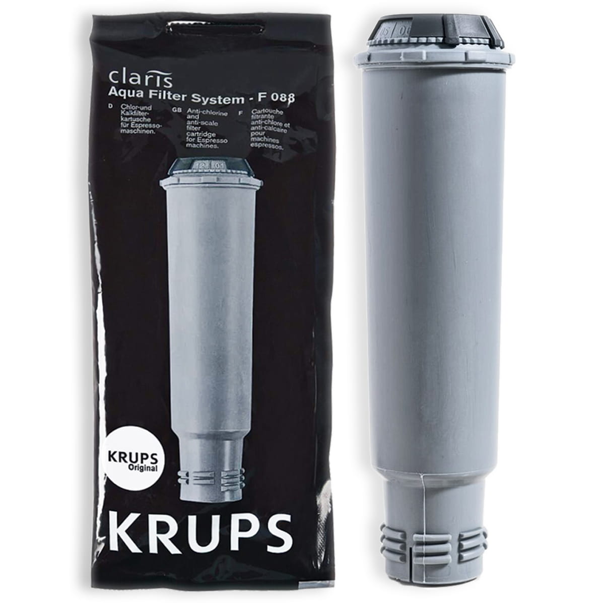 Szary, cylindryczny filtr wody z gwintem na spodzie. Na obudowie wytłoczone logo Krups i Claris.