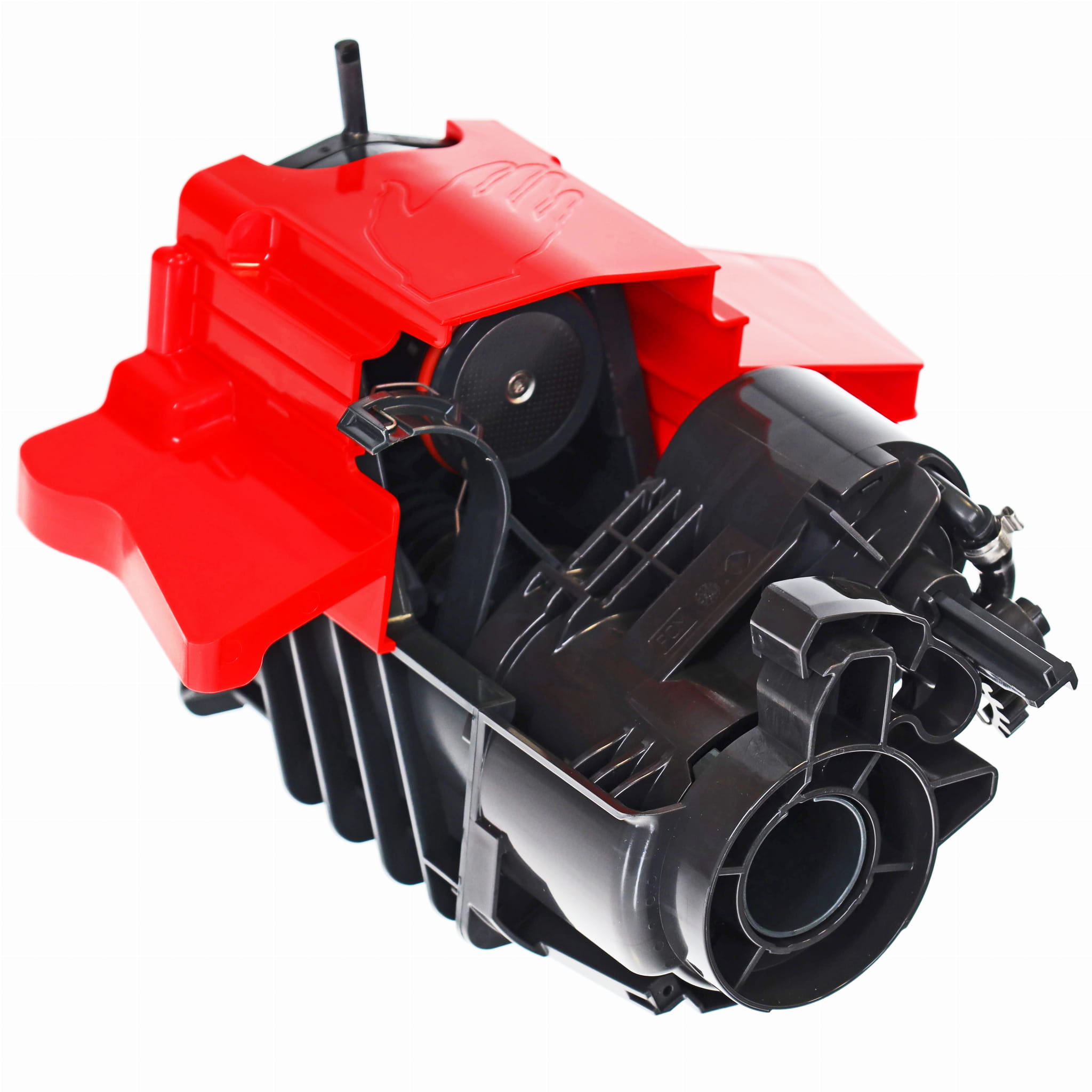 Czerwony korpus mechanizmu z czarnymi detalami. Widoczny lejkowaty wlot na kawę zmieloną w górnej części modułu.